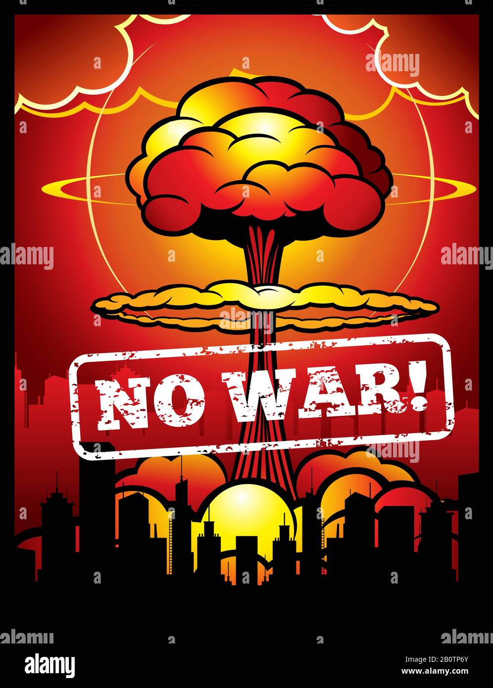 Vintage no war vector poster with explosion of atomic bomb and nuclear mushroom. World armageddon background with mushroom bomb nuclear illustration Stock Vector