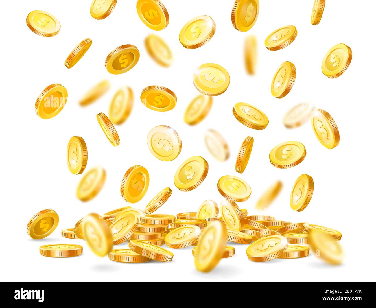 Money explosion. Million dollars, cash coin falling down, gold casino coins rain isolated vector illustration Stock Vector