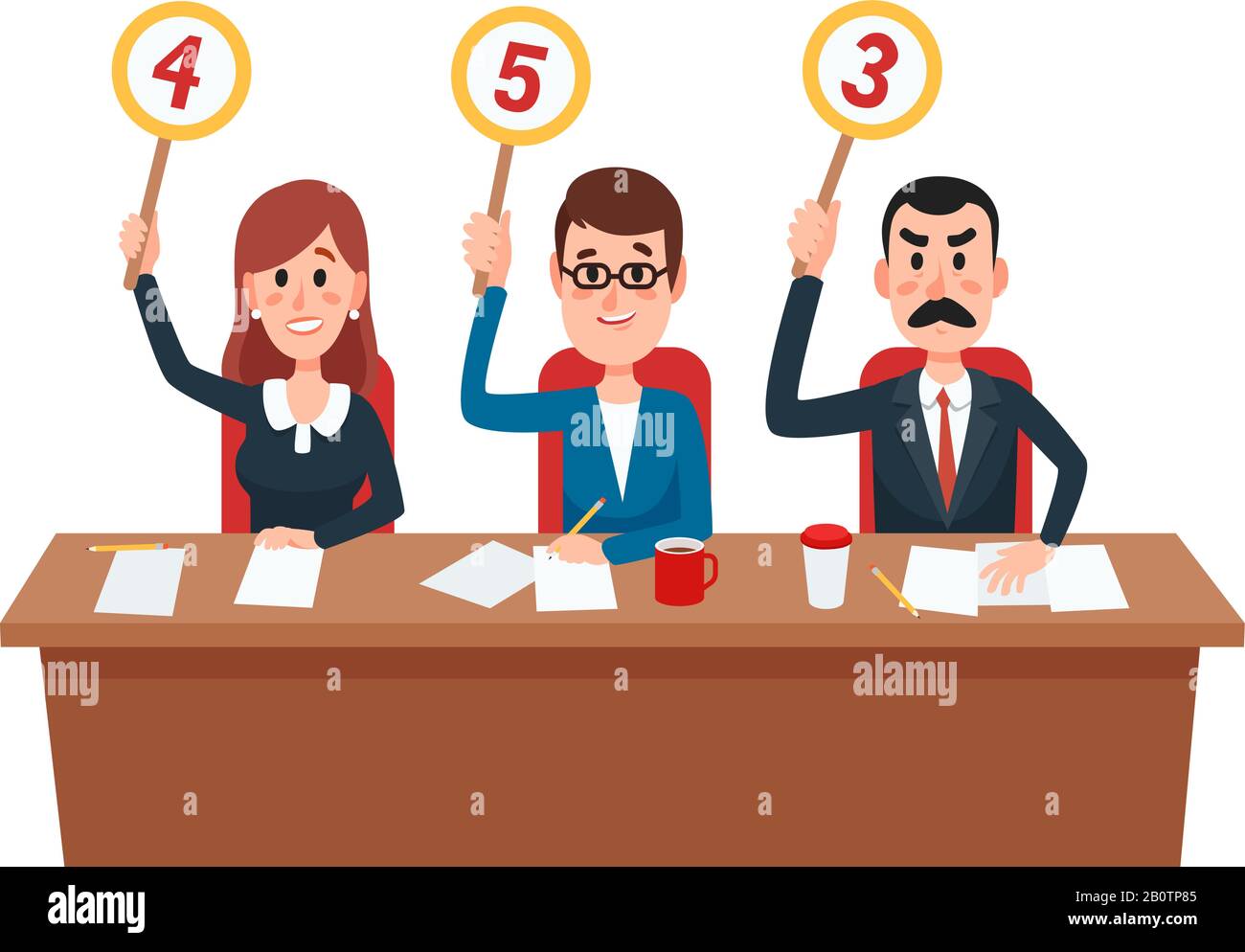 Jury. Judges group show scorecards with assessment opinion or score. Judge on quiz show, college evaluation vector illustration Stock Vector