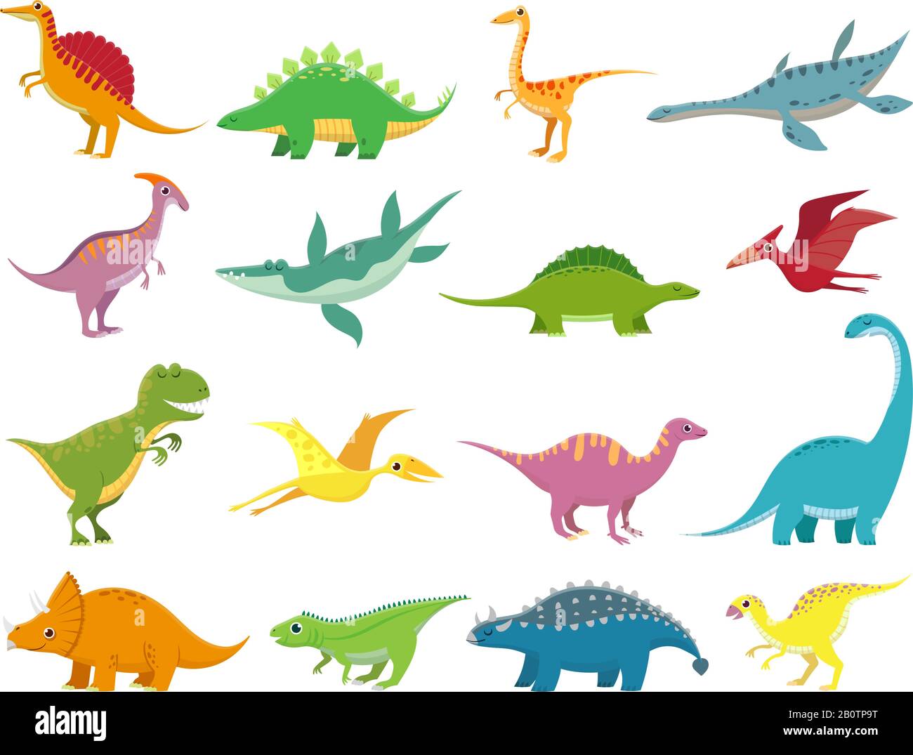 Two funny baby dinosaur characters - brontosaurus and pterodactyloidea,  cartoon vector illustration isolated on white background. Happy smiling  brontosaurus and pterodactyloidea dinosaur characters Stock Vector