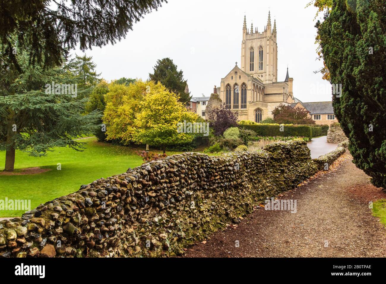 Bury St Edmunds Cathedral England. Blissful church grounds on a dreary misty autumn's day. Stock Photo