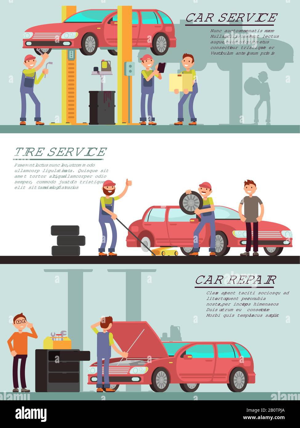 Car services and auto garag vector marketing banners with cartoon mechanic worker. Car service and tire service, repair transport maintenance illustration Stock Vector