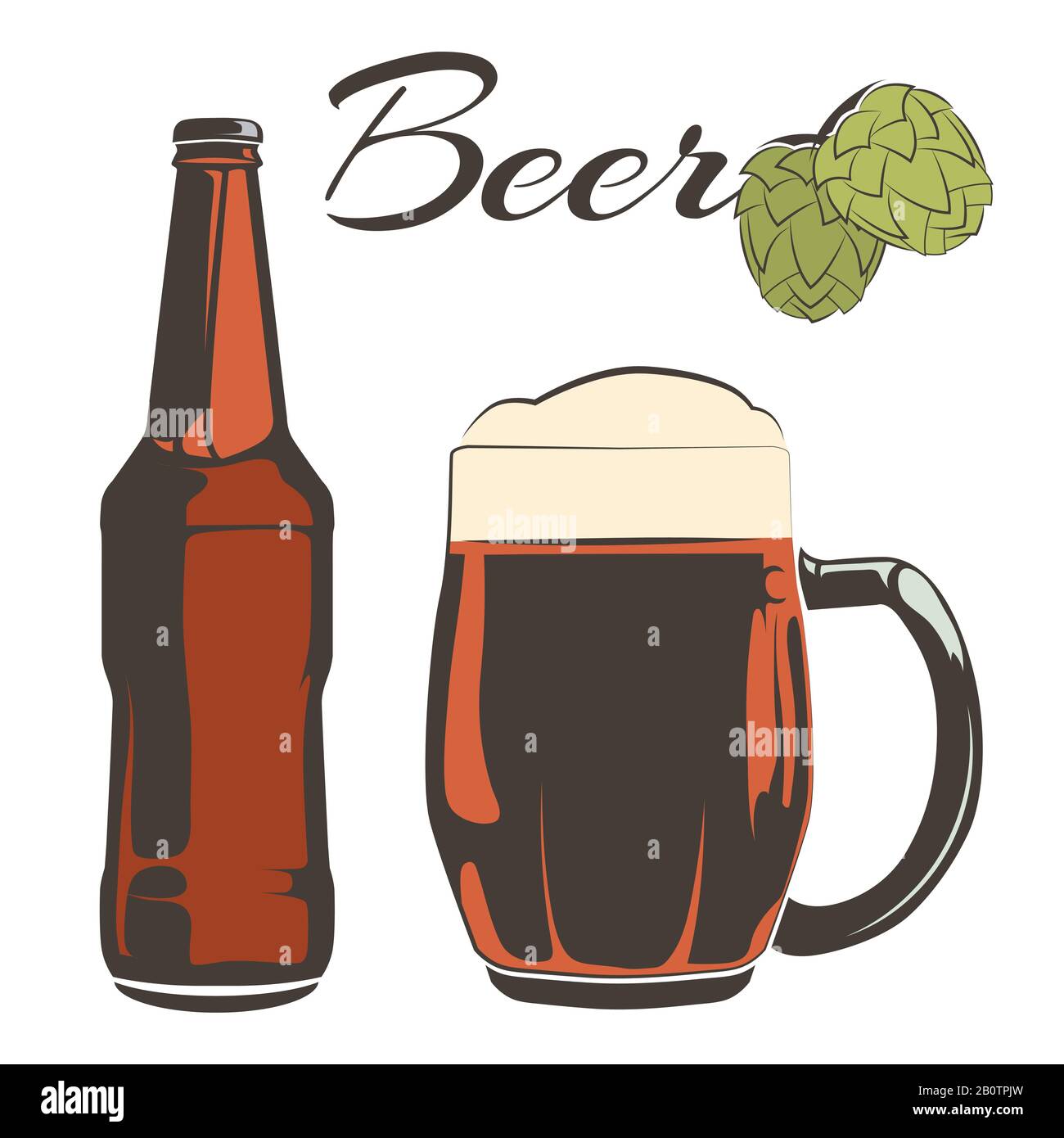 Vintage beer set - bottle and goblet with hops. Drink glass beer. Vector illustration Stock Vector