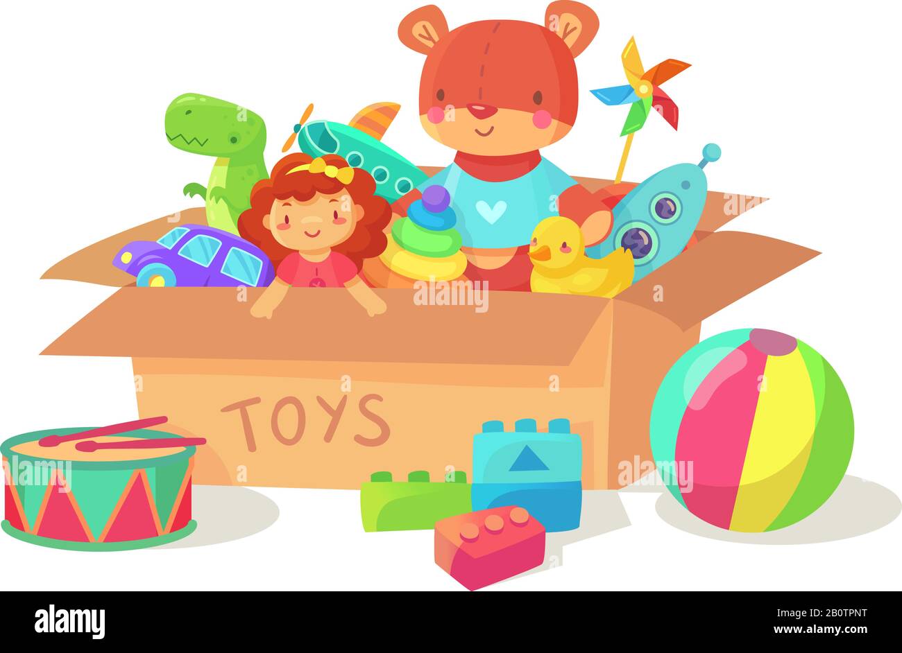 Cartoon kids toys in cardboard toy box. Children holiday gift boxes with child playthings. Plaything vector illustration Stock Vector