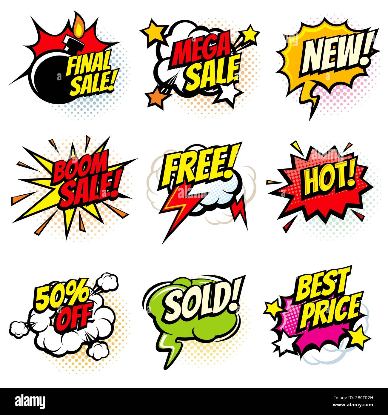 Best offer and sale promotional vector collection of pop art cartoon speech bubbles. Sale and promotion cartoon speech cloud illustration Stock Vector