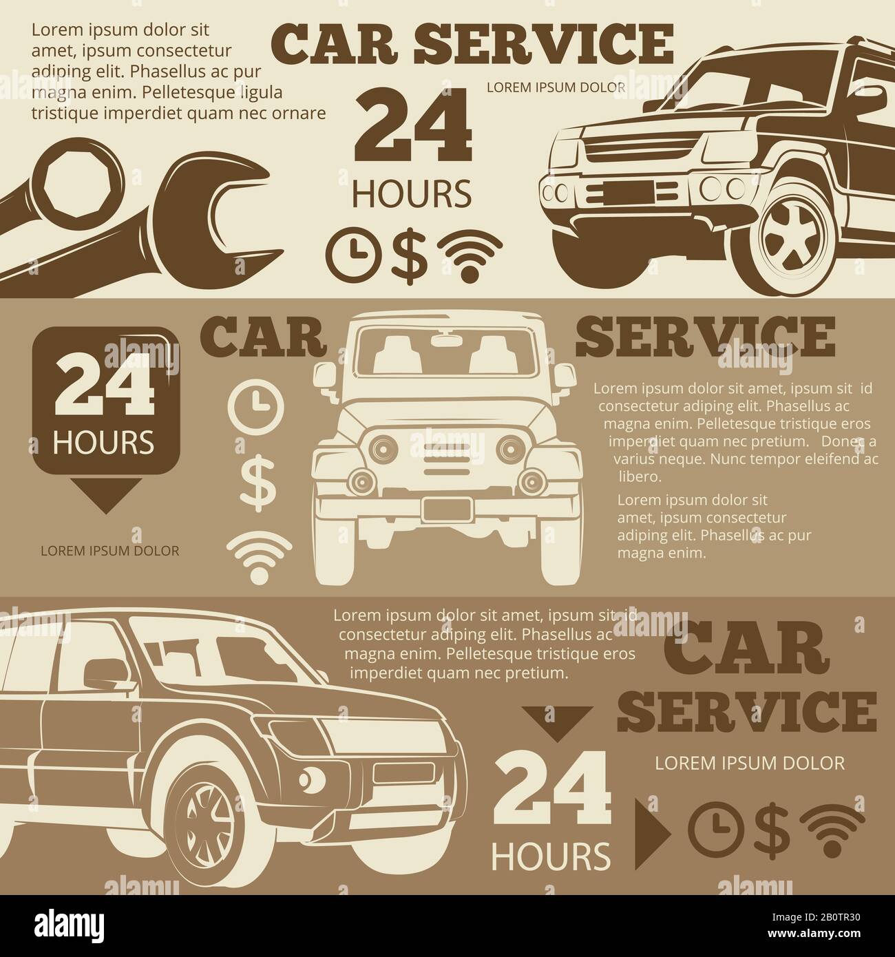 Off-road car service vintage banners collection. Automobile banner, vector illustration Stock Vector