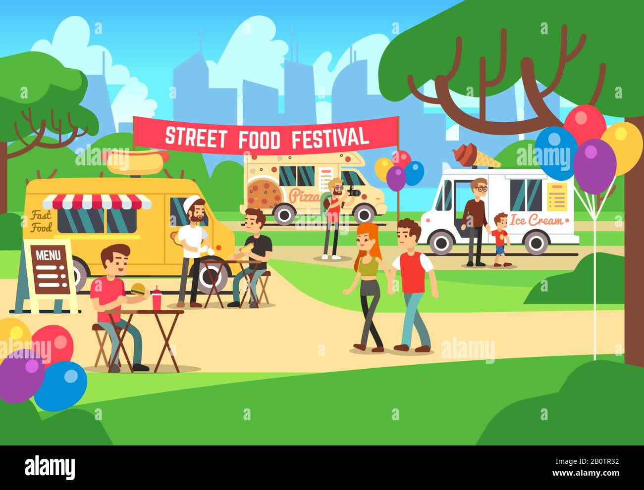Cartoon street food festival with people and trucks vector background. Street food festival and market illustration Stock Vector