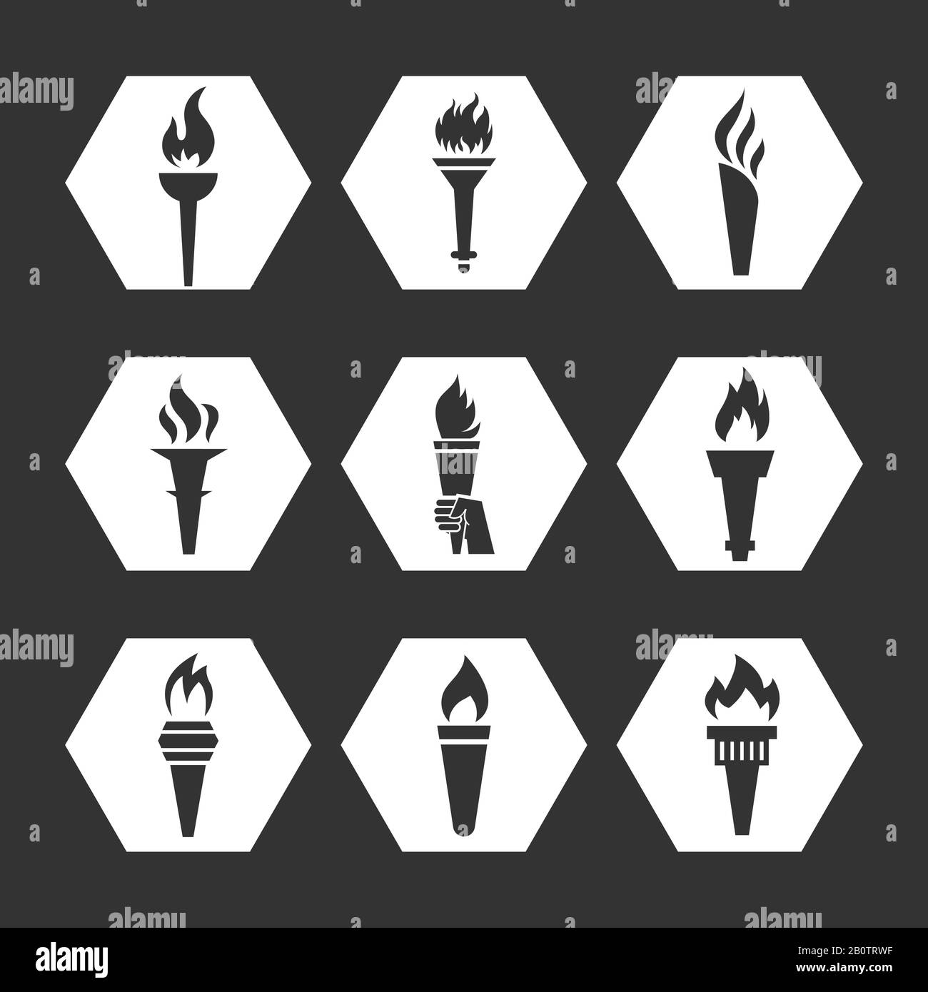 Grey flat torch with flame icons set. Monochrome torch icons collection. Vector illustration Stock Vector