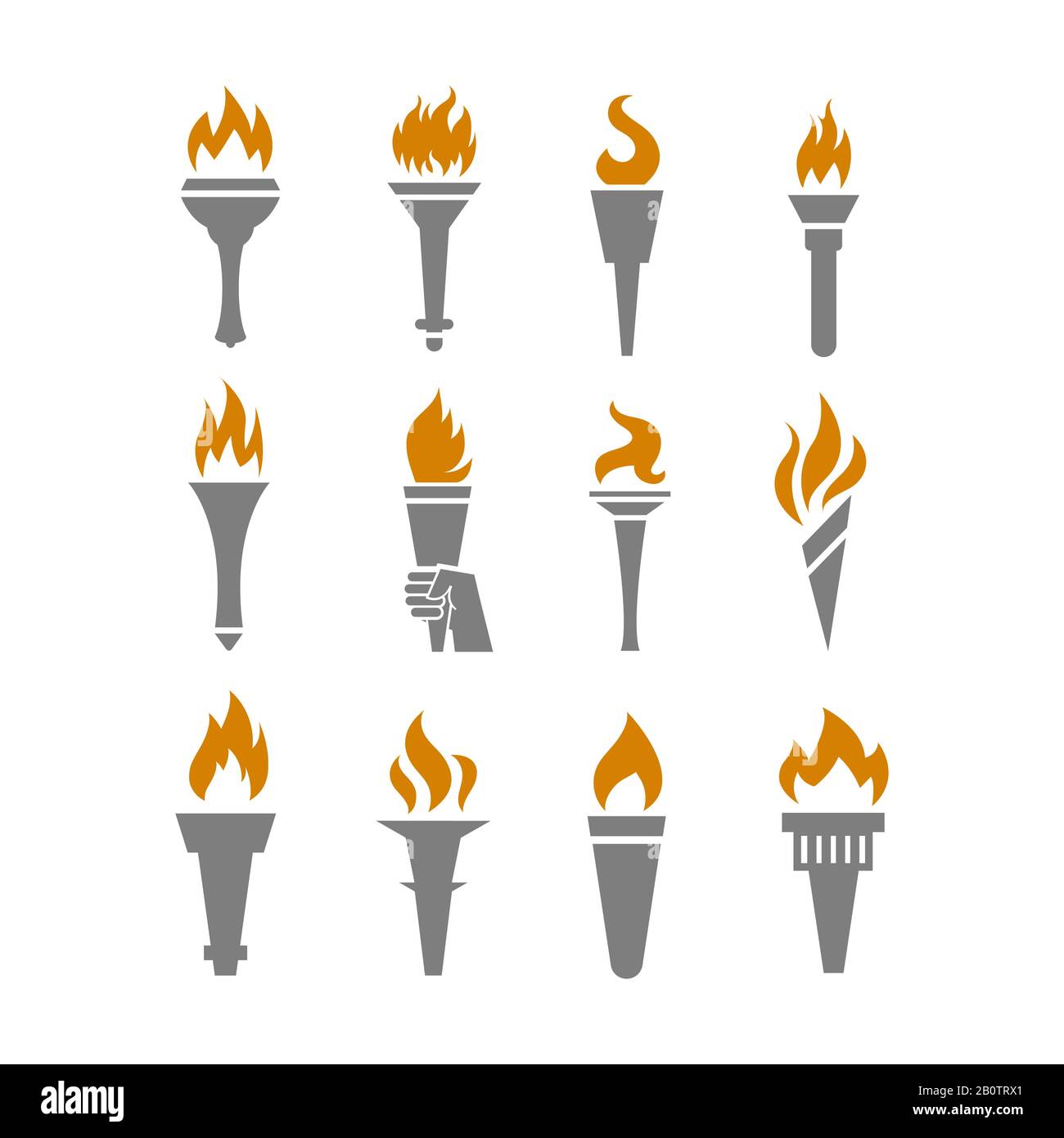Fire torch with flame flat icons set. Collection of symbol flaming