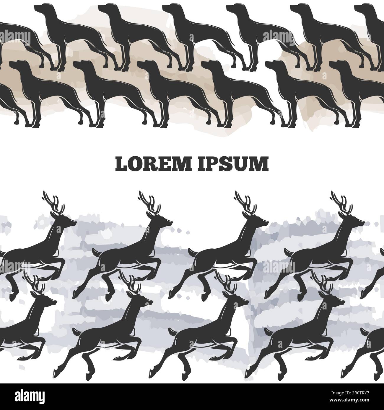 Seamless pattern with dogs and deers and watercolor details. Vector ...