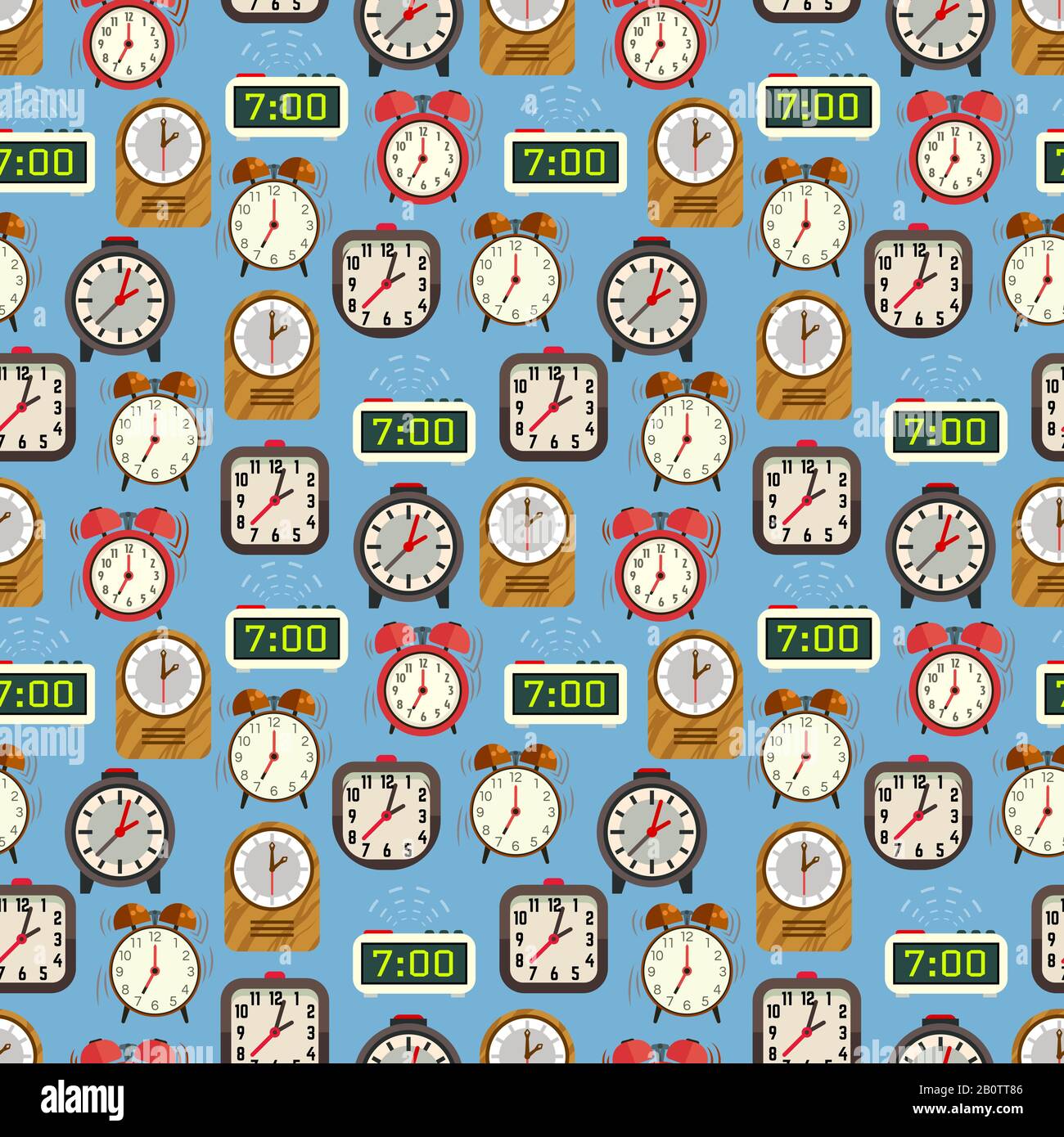 Seamless pattern with colorful alarm clocks on blue backdrop