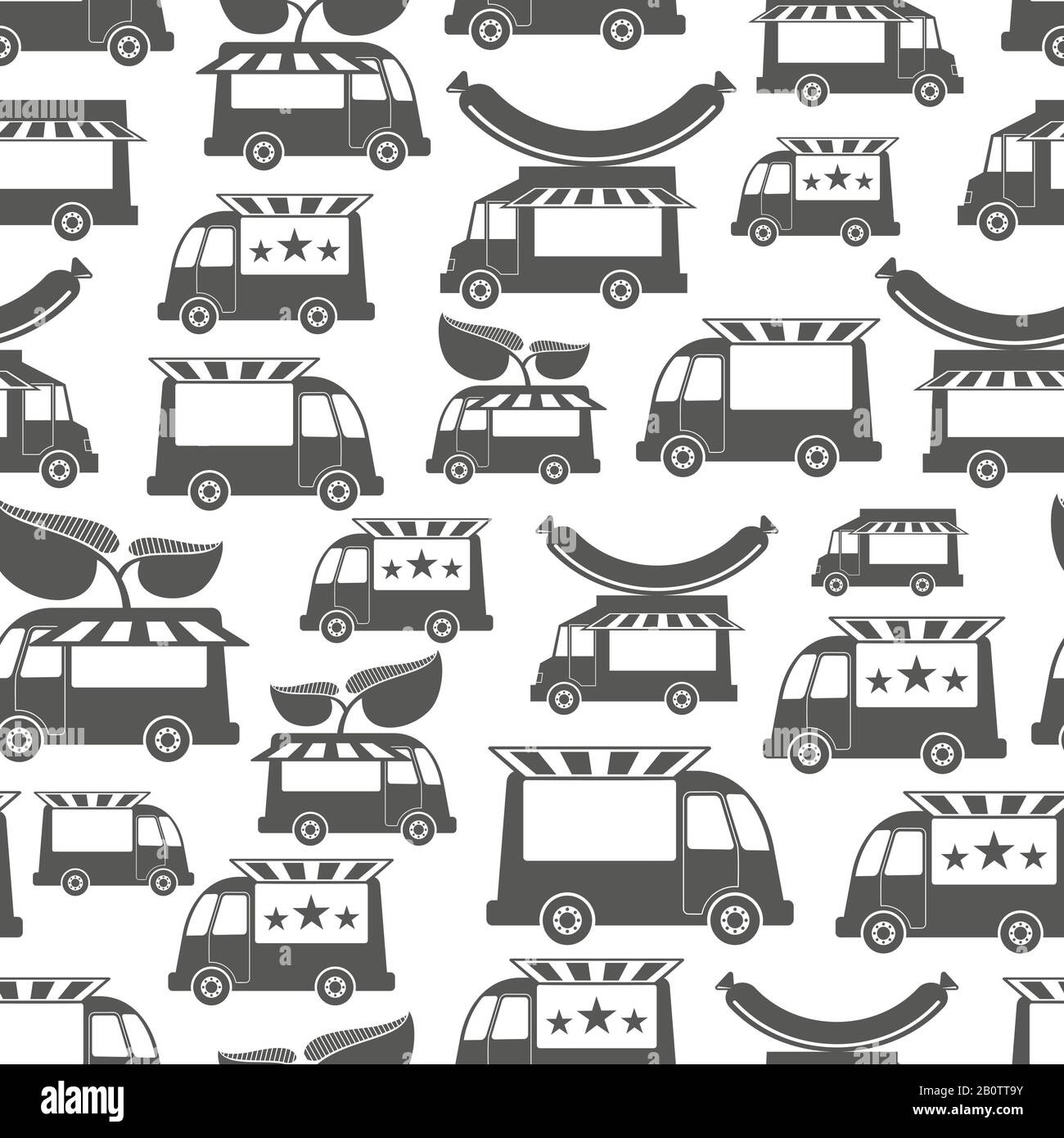 Food trucks with stars, green and sausage - food seamless pattern design. Vector illustration Stock Vector