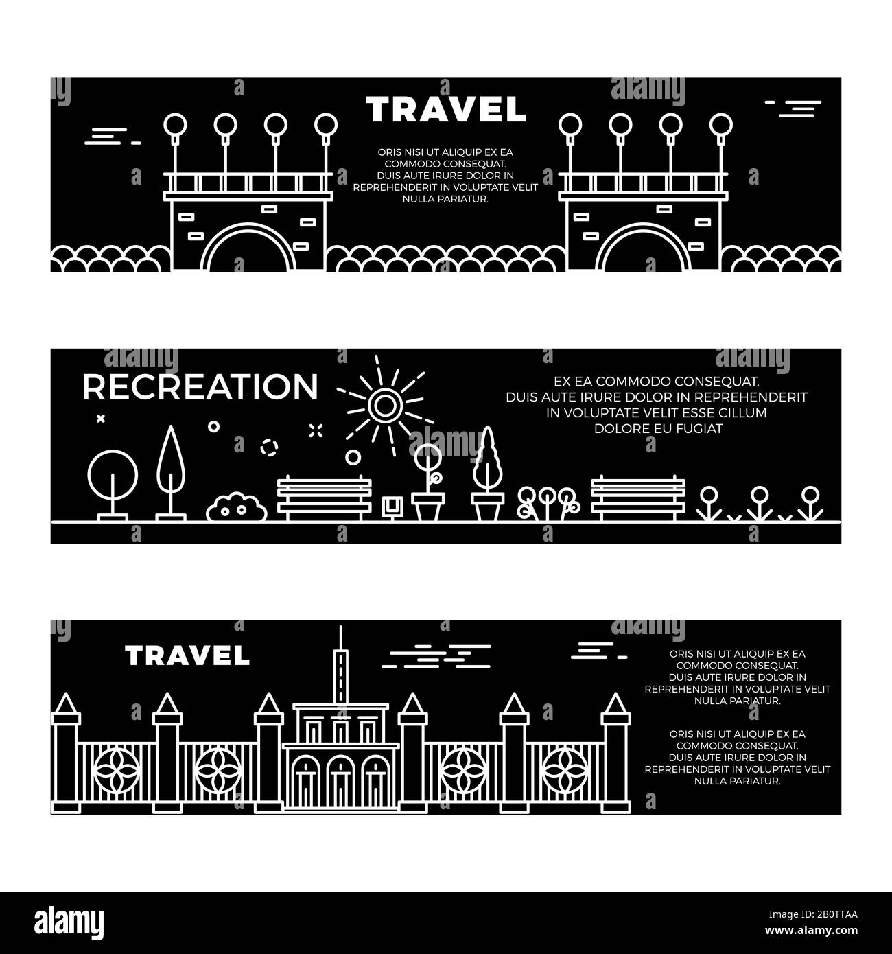 Travel and recreation flat banners template with line art landscapes. Collection of posters illustration Stock Vector
