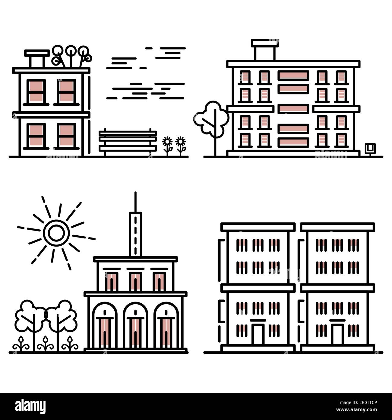 Line art houses collection - city objects with nature elements. Linear buildings illustration Stock Vector