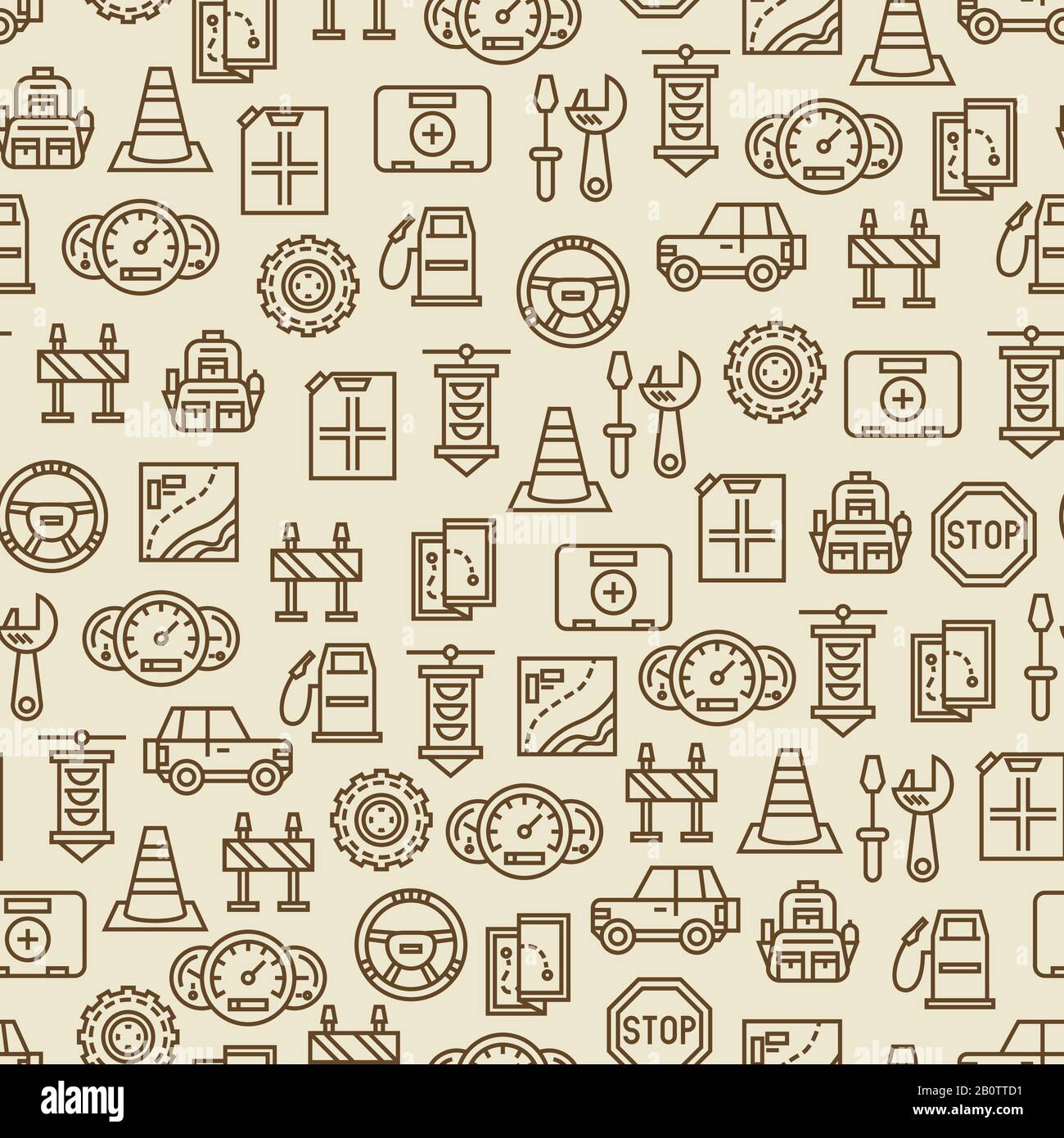 Car travel seamless pattern - travel background with car, map, canister and other transportation icons. Vector illustration Stock Vector