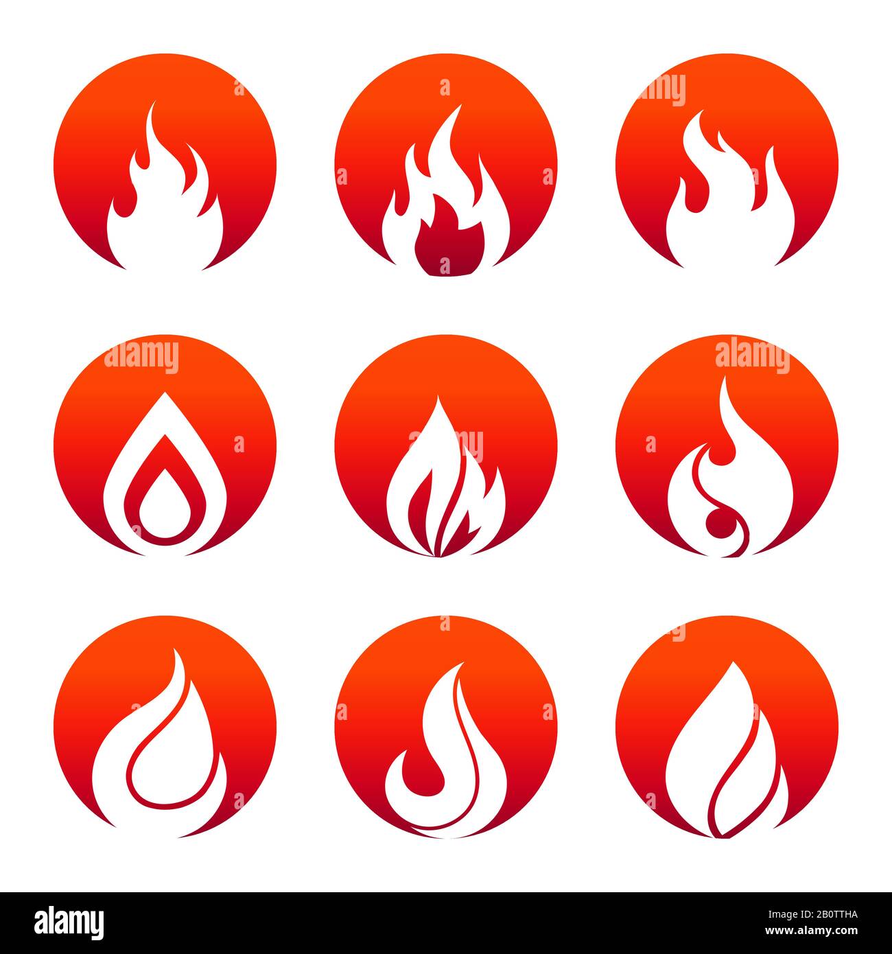 White flat fire icons in red rounds design. Collection of flame sings. Vector illustration Stock Vector