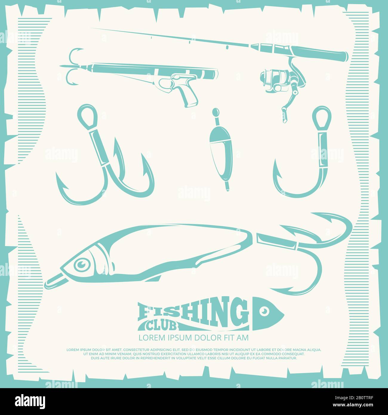 Poster with fishing accesories and equipment hook for sport fishing. Vector illustration Stock Vector
