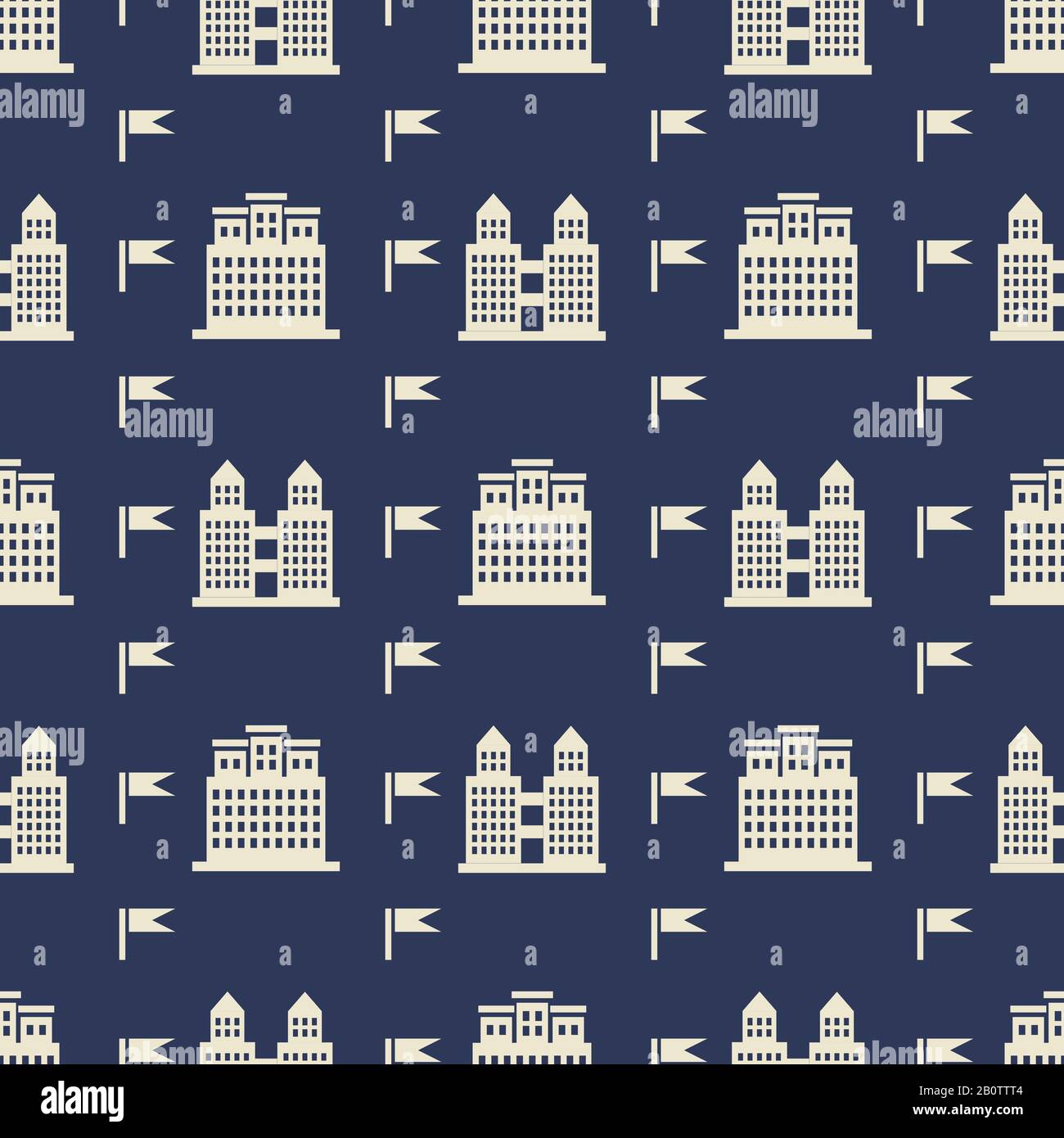 Buildngs and flags seamless pattern - city on blue seamless texture. Vector illustration Stock Vector
