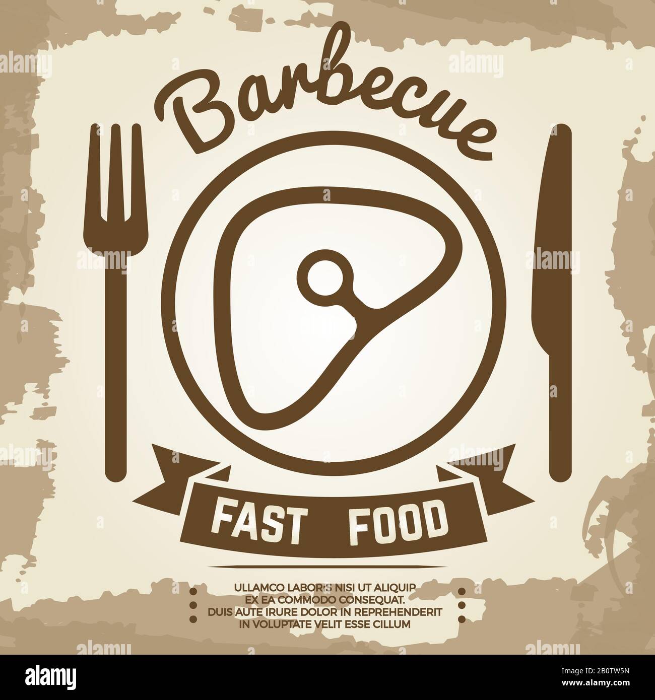 Vintage poster with babecue label with meat, fork, knife and lettering sign. Banner barbecue vector illustration Stock Vector