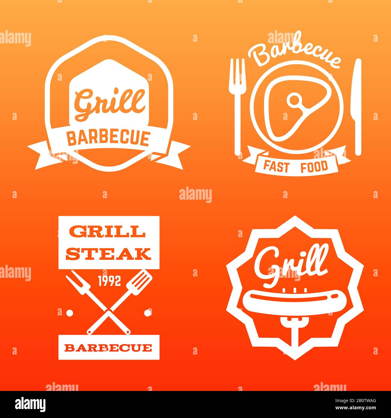 Steak house, grill bar and barbecue labels on bright backdrop. Vector illustration Stock Vector