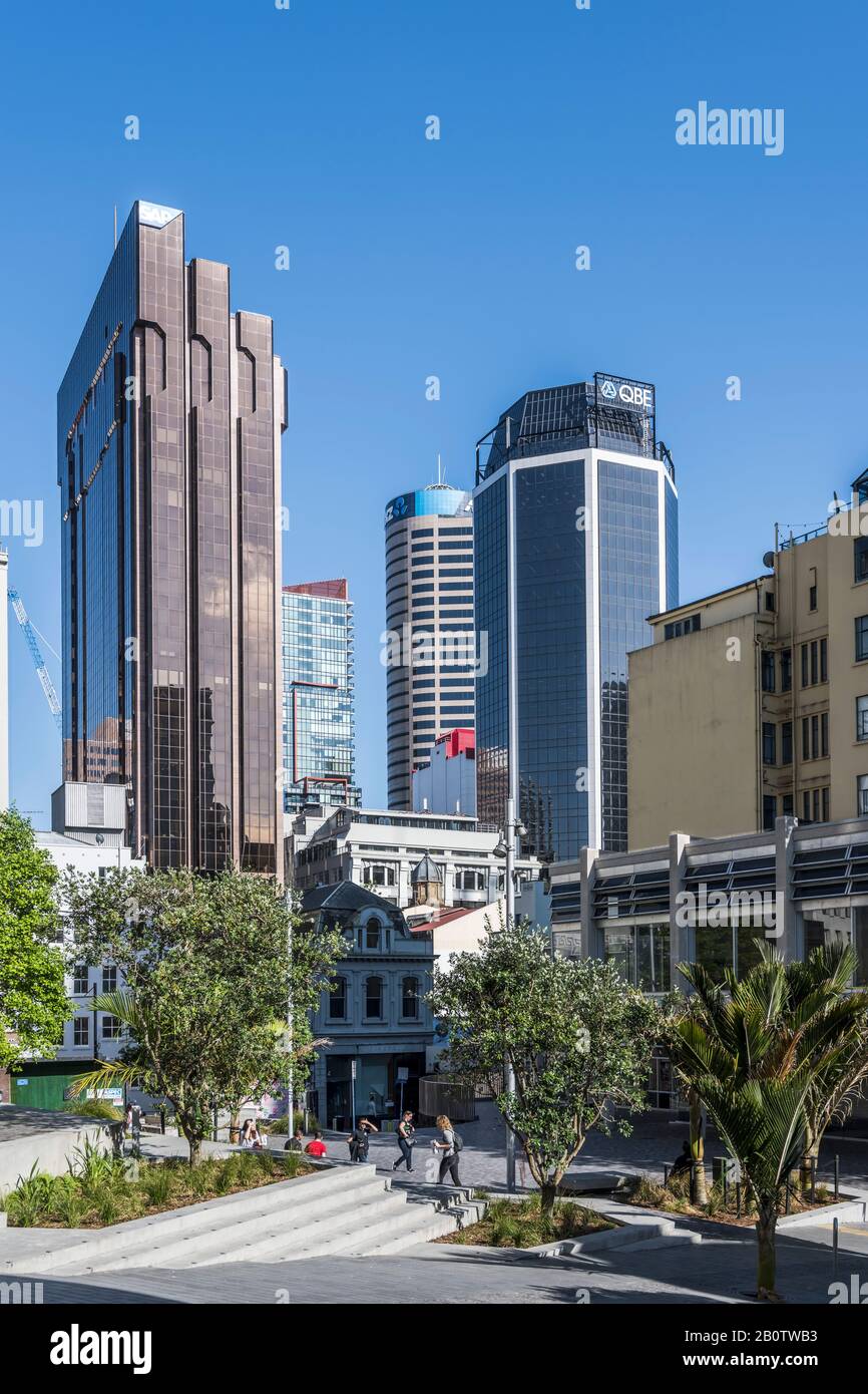 AUCKLAND, NEW ZEALAND - November 07 2019: cityscape of cool downtown of dynamic city with skyscrapers and pedestrian precinct, shot in bright late spr Stock Photo