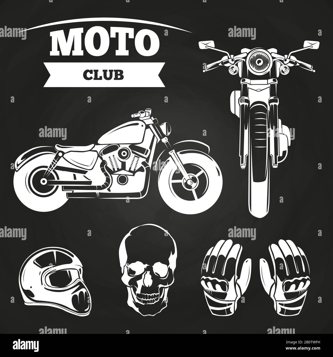 Moto club objects - human skull, motorcycle, helmet and gloves on blackboard. Vector illustration Stock Vector
