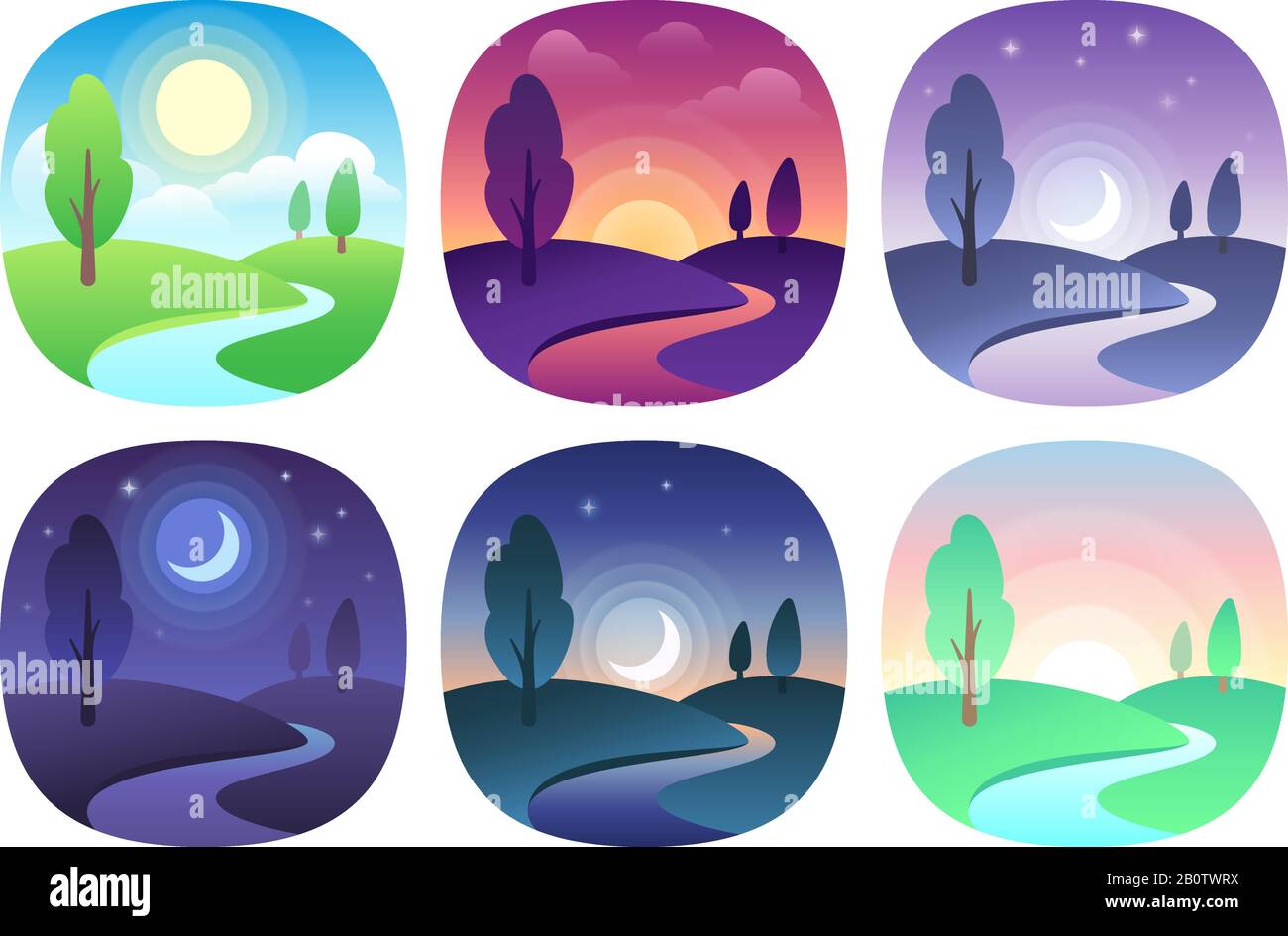 Modern beautiful landscape with gradients. Sunrise, dawn, morning, day, noon, sunset, dusk and night icon. Sun time vector icons set Stock Vector