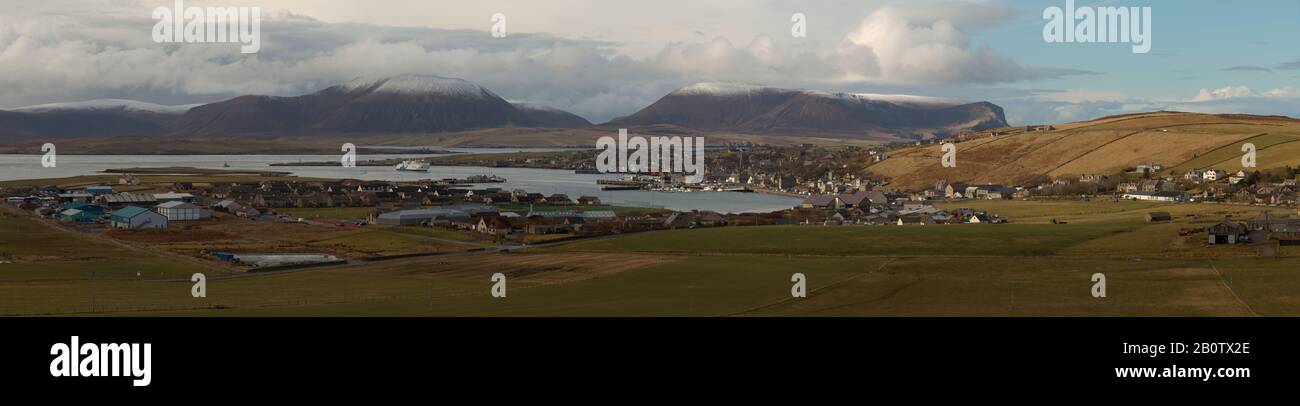 Panorama of Stromness with Isle of Hoy beyond, Orkney Isles Stock Photo