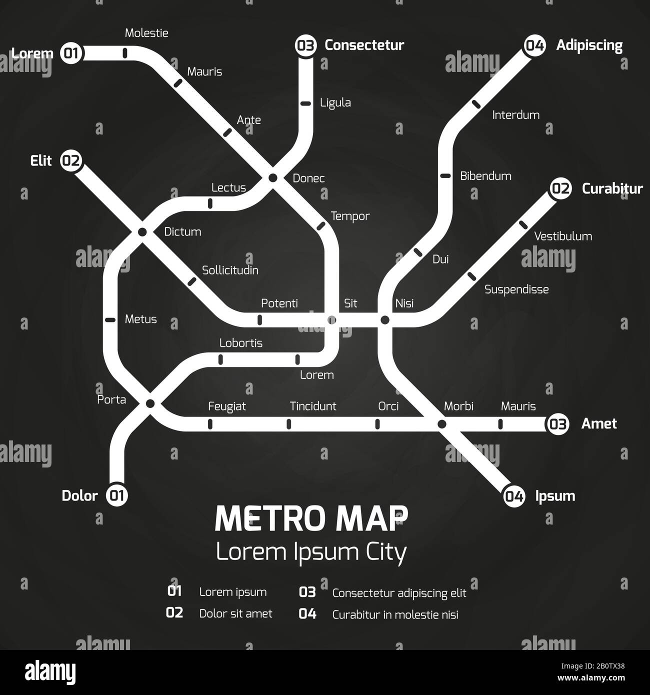 City subway map on blackboard - metro map concept. Vector illustration Stock Vector