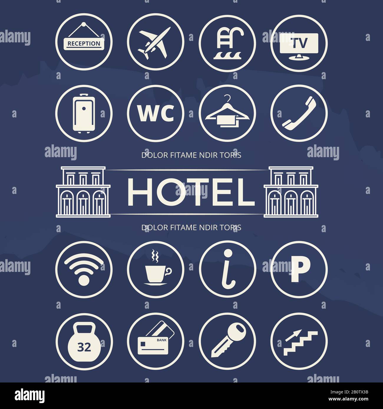 Hotel icons set and building - vector bundle for hotel. Vector illustration Stock Vector
