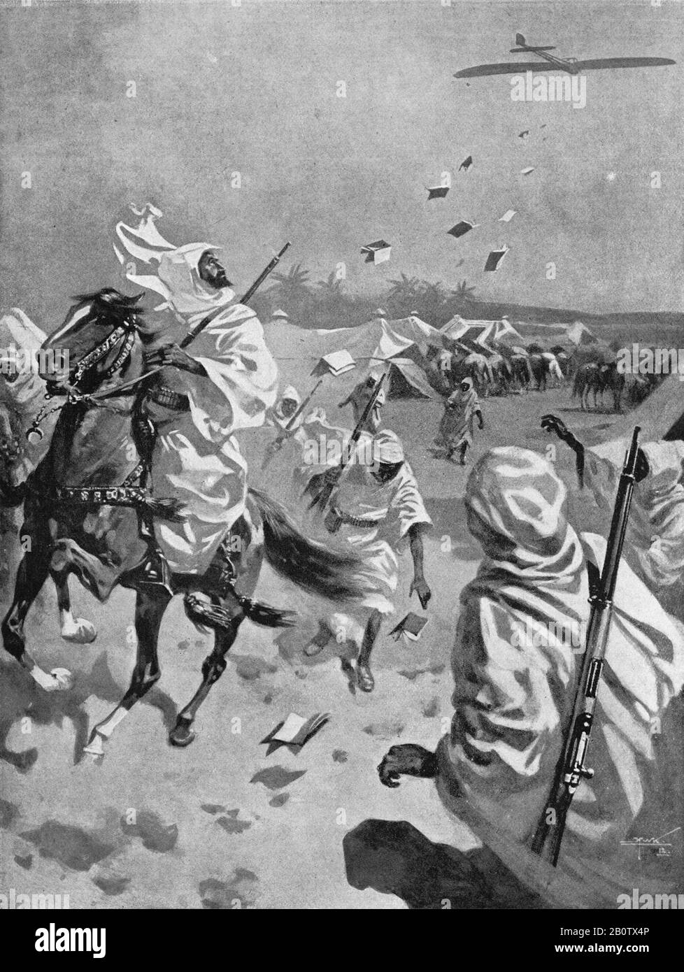 An illustration circa 1912 of an Italian airplane of the Royal Italian Army dropping propaganda leaflets over Arab horsemen in Libya during the Italian Turkish war of 1911 to 1912.    A precursor to World War One it established Italian rule over Libya until independence in 1947.  The conflict was the first recorded use of aircraft including the first aerial reconnaissance mission, bombing mission using German built Etrich Taube aircraft.  The Turks were also the first to shoot down an airplane using rifle fire. Stock Photo