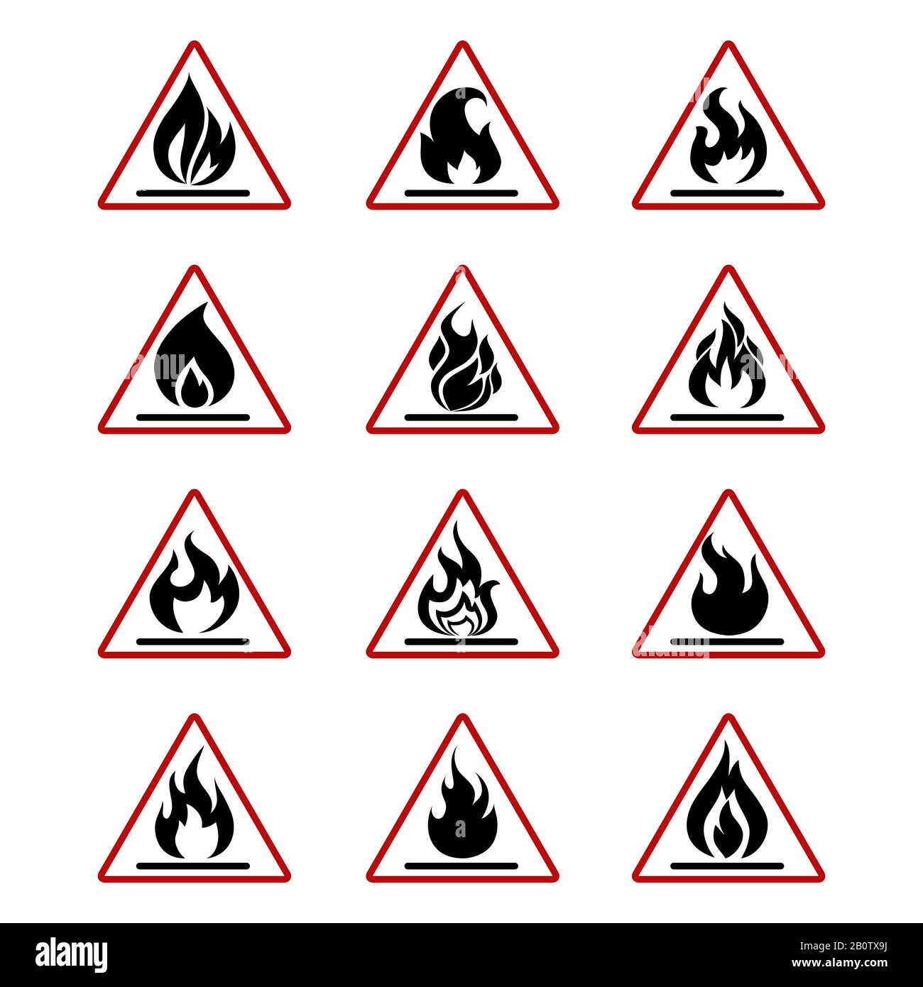 Danger fire icons with flame isolated on white. Danger symbol set illustration Stock Vector