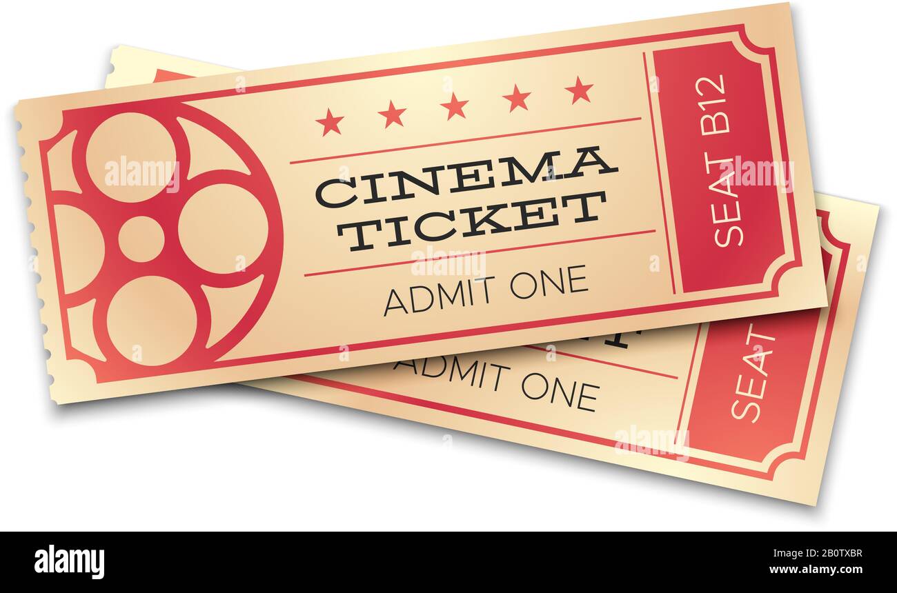 Two cinema or theater realistic tickets with barcode. Admit now coupons for pair entrance. Vector concept Stock Vector