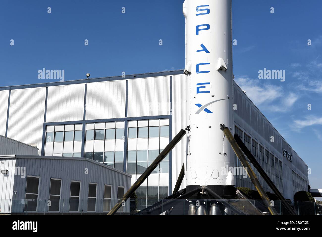 HAWTHORNE, CALIFORNIA - 17 FEB 2020: Closeup of a Falcon 9 Booster rocket at Space Exploration Technologies Corp, trading as SpaceX, a private America Stock Photo