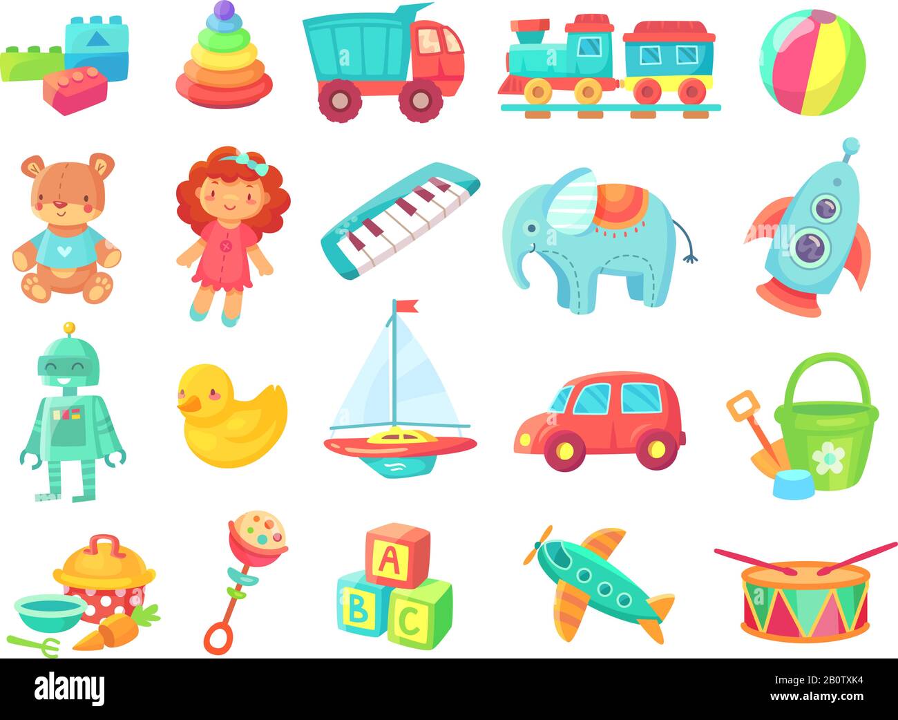 Kids cartoon toys. Baby doll, train on railway, ball, cars, boat, boys and girls fun isolated plastic toy vector collection Stock Vector