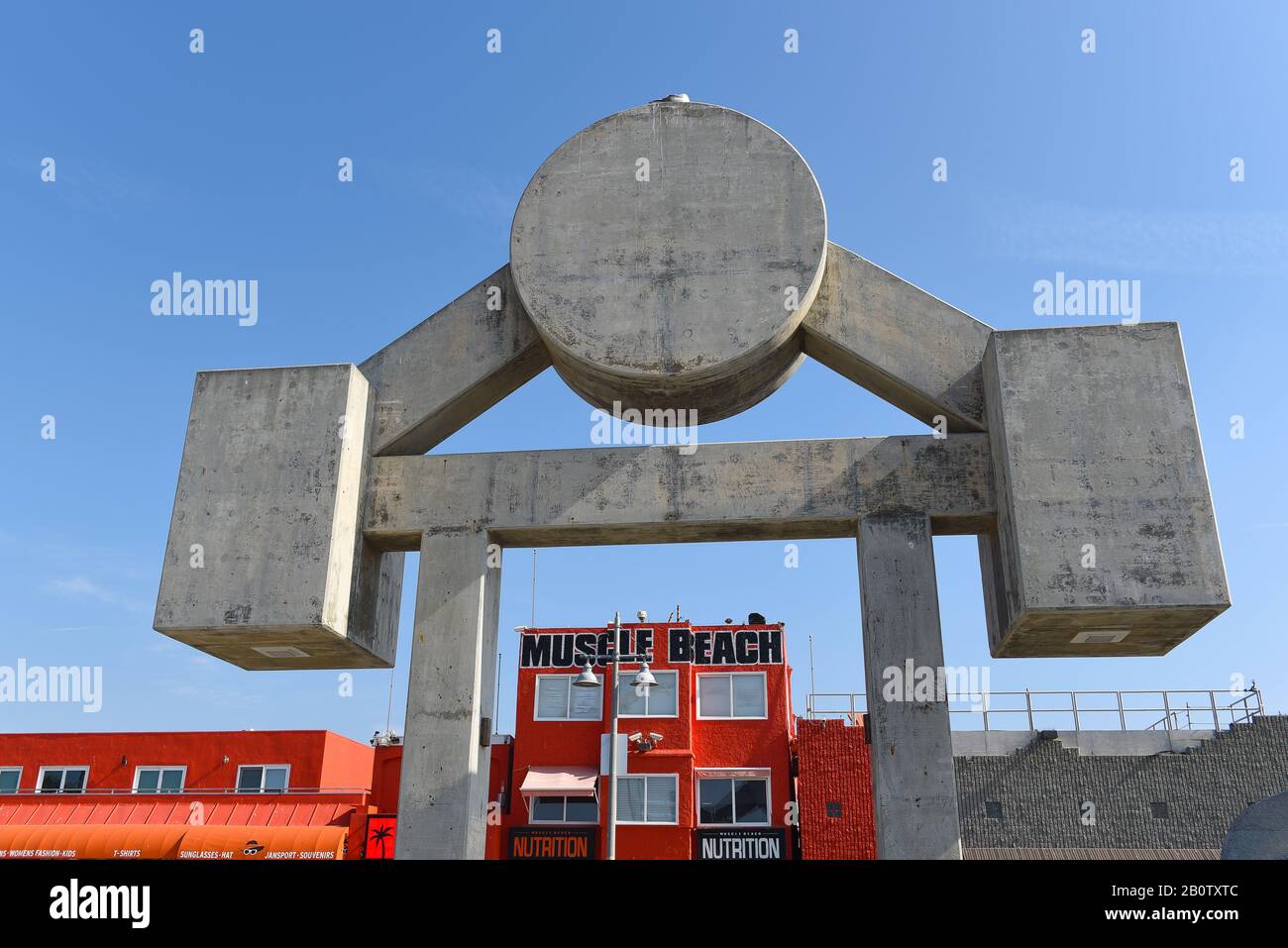 VENICE, CALIFORNIA - 17 FEB 2020: Muscle Beach outdoor gym is the location of the birthplace of the physical fitness boom in the US. Stock Photo