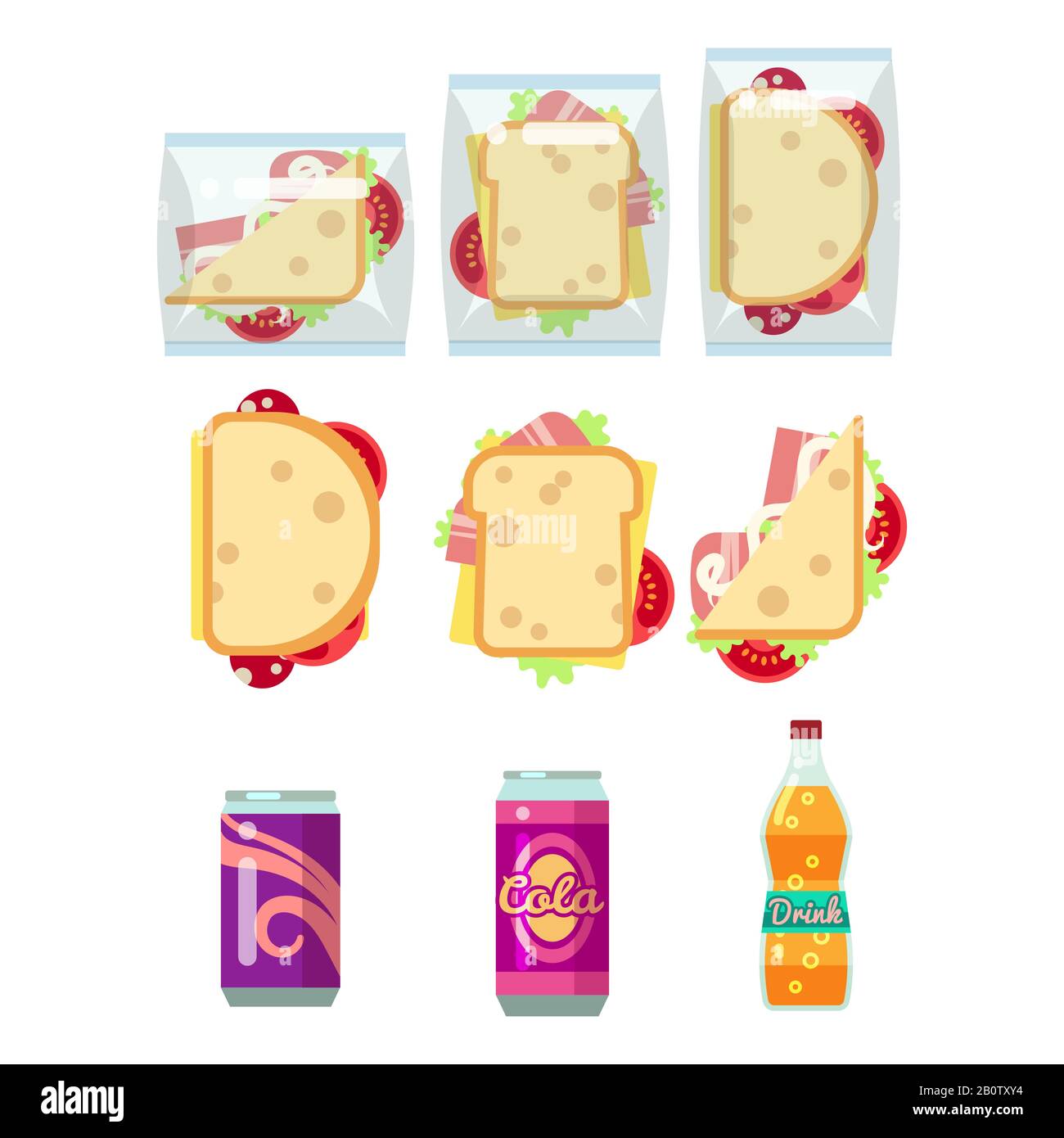 Fast food dinner set - sandwiches and drinks. Hamburger lunch. Vector illustration Stock Vector