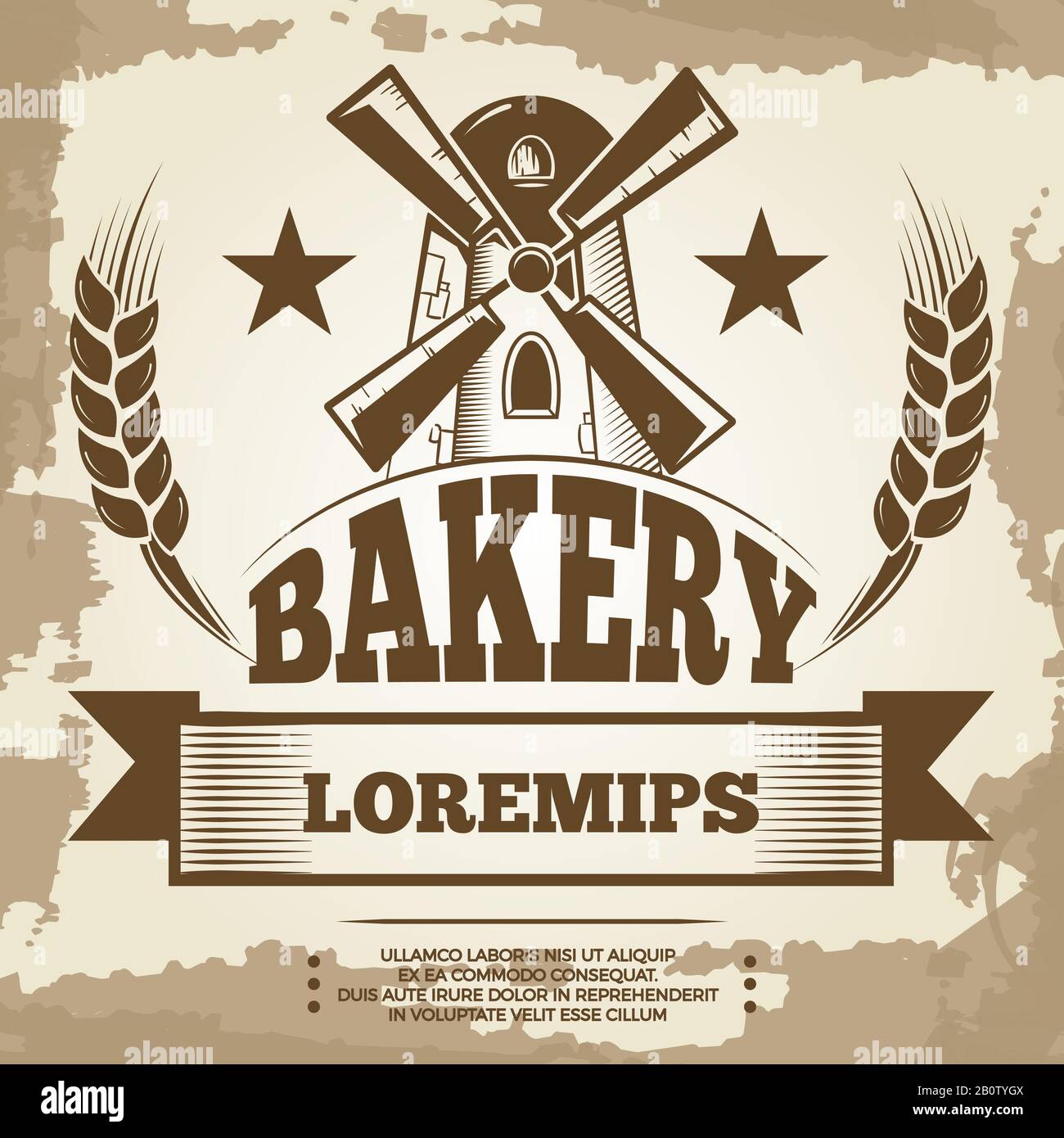 Vintage bakery poster design - bakery label with mill and wheat. Banner bakery vector illustration Stock Vector