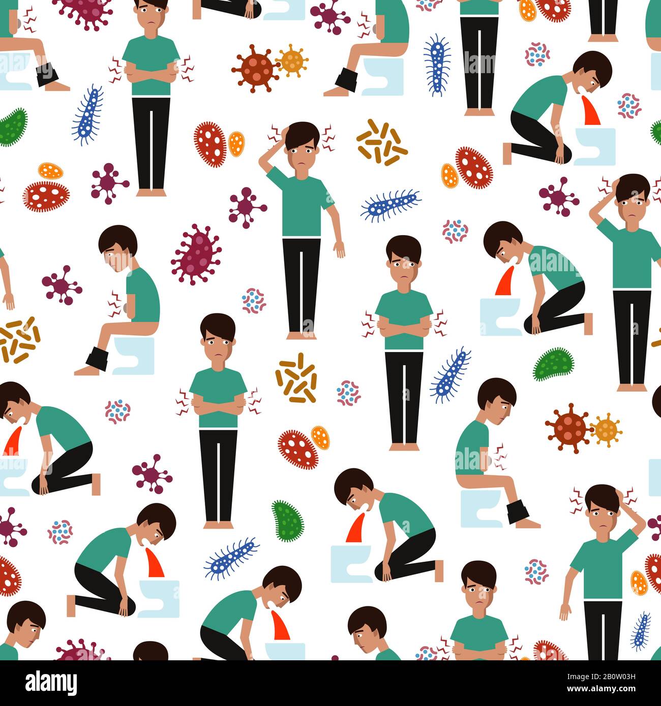 Viral diseases seamless pattern - medicinal seamless texture with sick man and microbes. Vector illustration Stock Vector