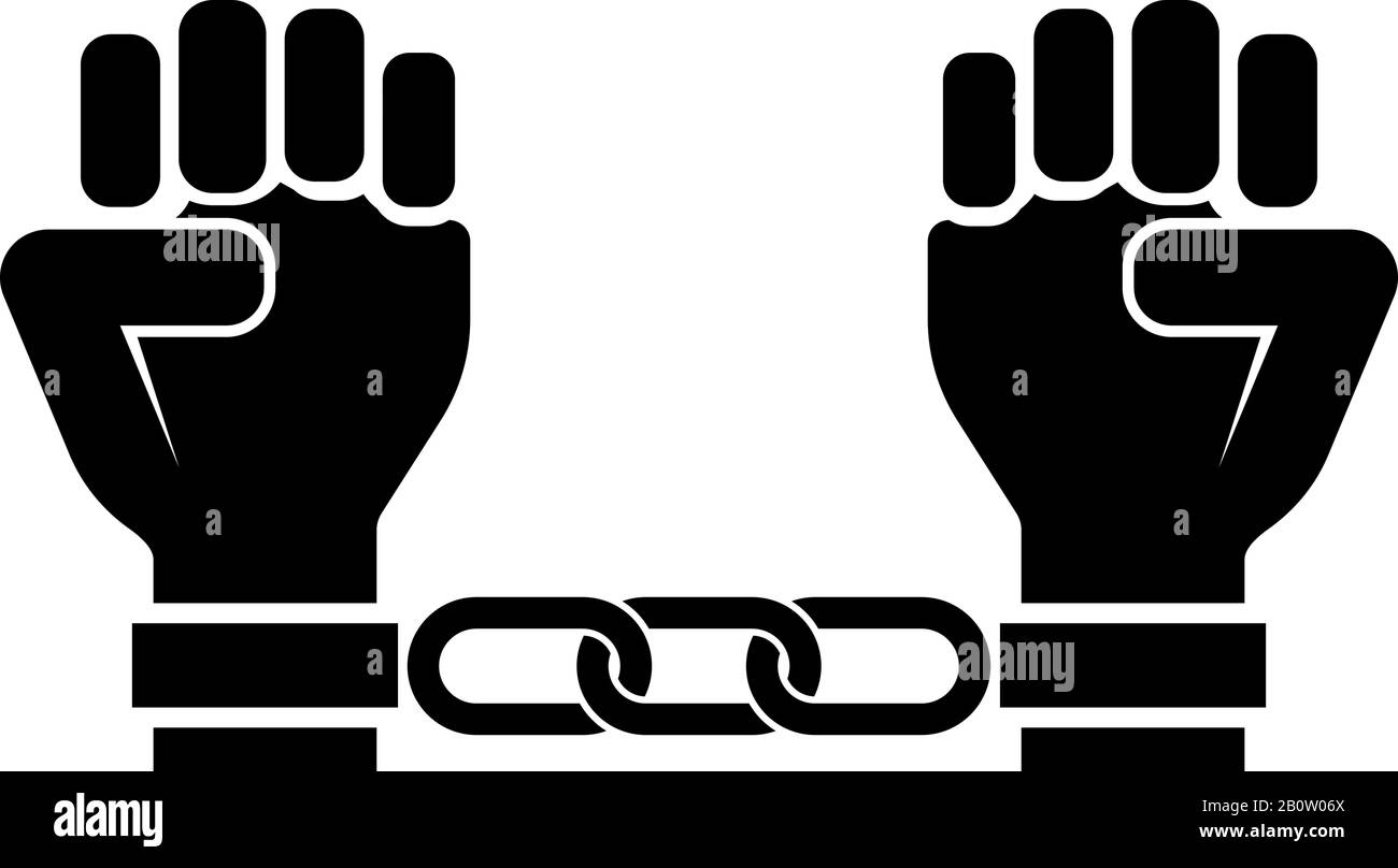 Handcuffed hands Chained human arms Prisoner concept Manacles on man Detention idea Fetters confine Shackles on person icon black color vector Stock Vector