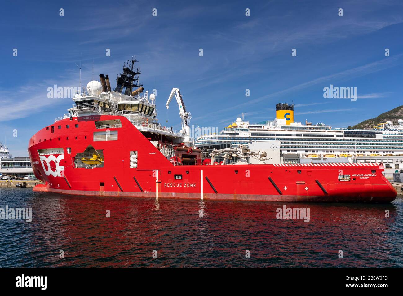 BERGEN, NORWAY - Commercial ship Scandi Iceman, a deepsea anchor handling vessel, by DOF Group, docked in harbour. Stock Photo