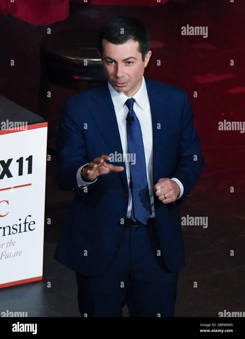Democratic presidential candidate Pete Buttigieg on stage at Fox11 Town Hall to speak at a USC Political Assembly at Bovard Auditorium at USC on February 21, 2020 in Los Angeles, California.. Stock Photo