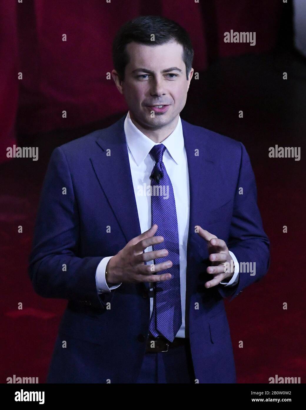 Democratic presidential candidate Pete Buttigieg on stage at Fox11 Town Hall to speak at a USC Political Assembly at Bovard Auditorium at USC on February 21, 2020 in Los Angeles, California.. Stock Photo