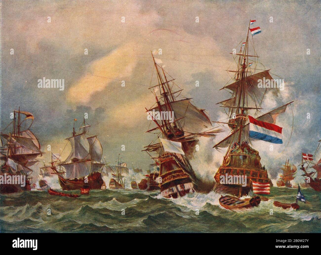 A reprodution of the painting by Eugène Isabey, published circa 1915 of the Battle of Texel on 29 June 1694 during the Nine Years' War between Jean Bart the French naval commander and privateer and a Dutch fleet commanded by Hidde Sjoerds de Vries. Stock Photo