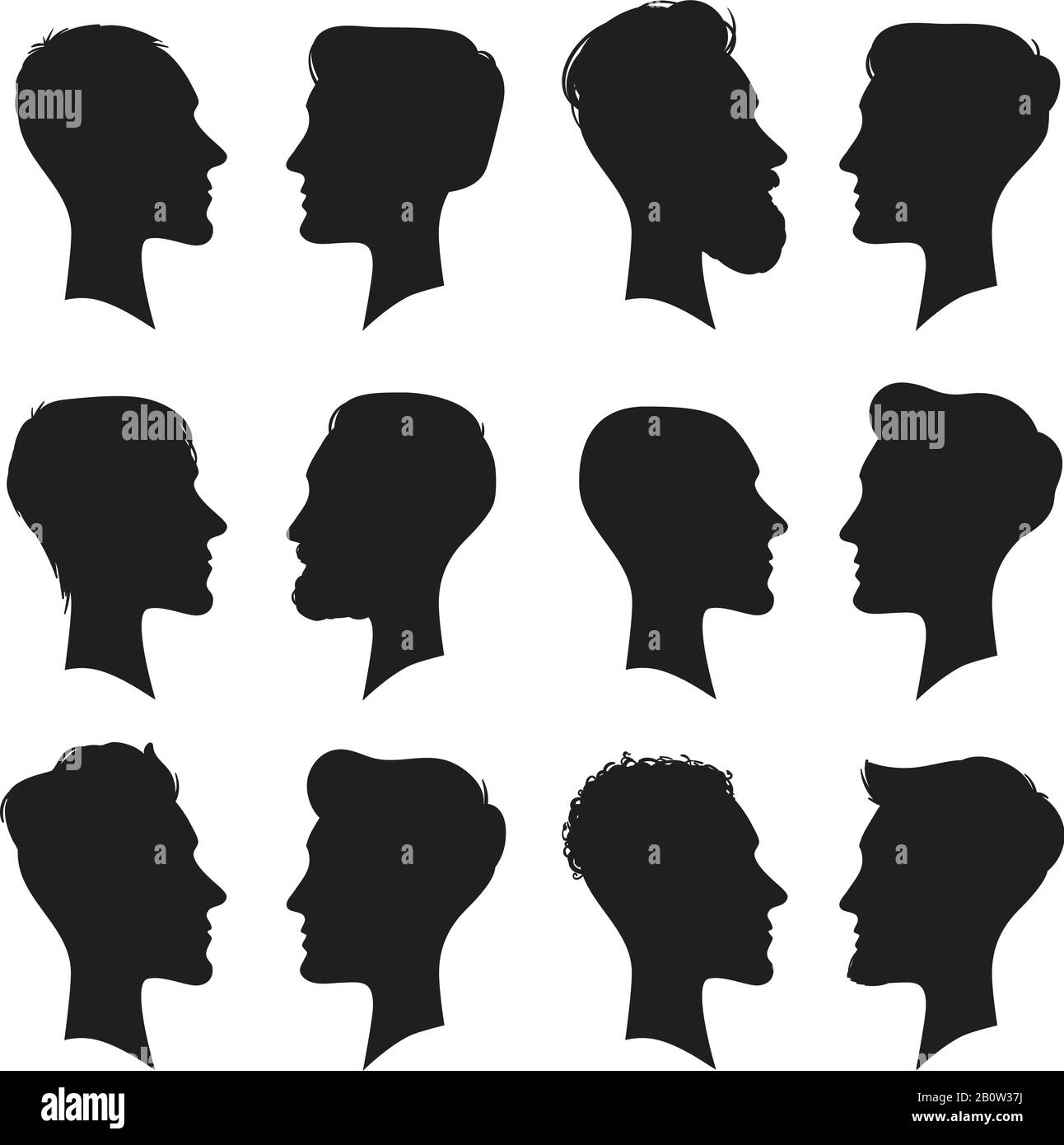 Adult male head profile silhouette. Man icon. Fashion people haircut or hairless men heads silhouettes isolated vector illustration Stock Vector