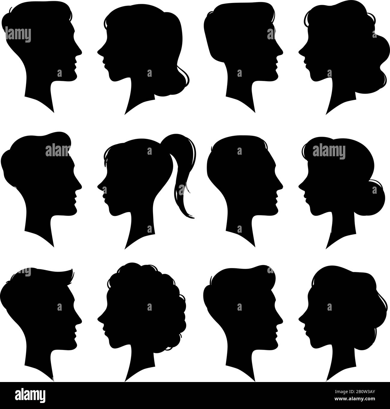 Female and Male faces silhouettes in vintage cameo style. Retro woman and man face profile portrait silhouette. People vector icons Stock Vector