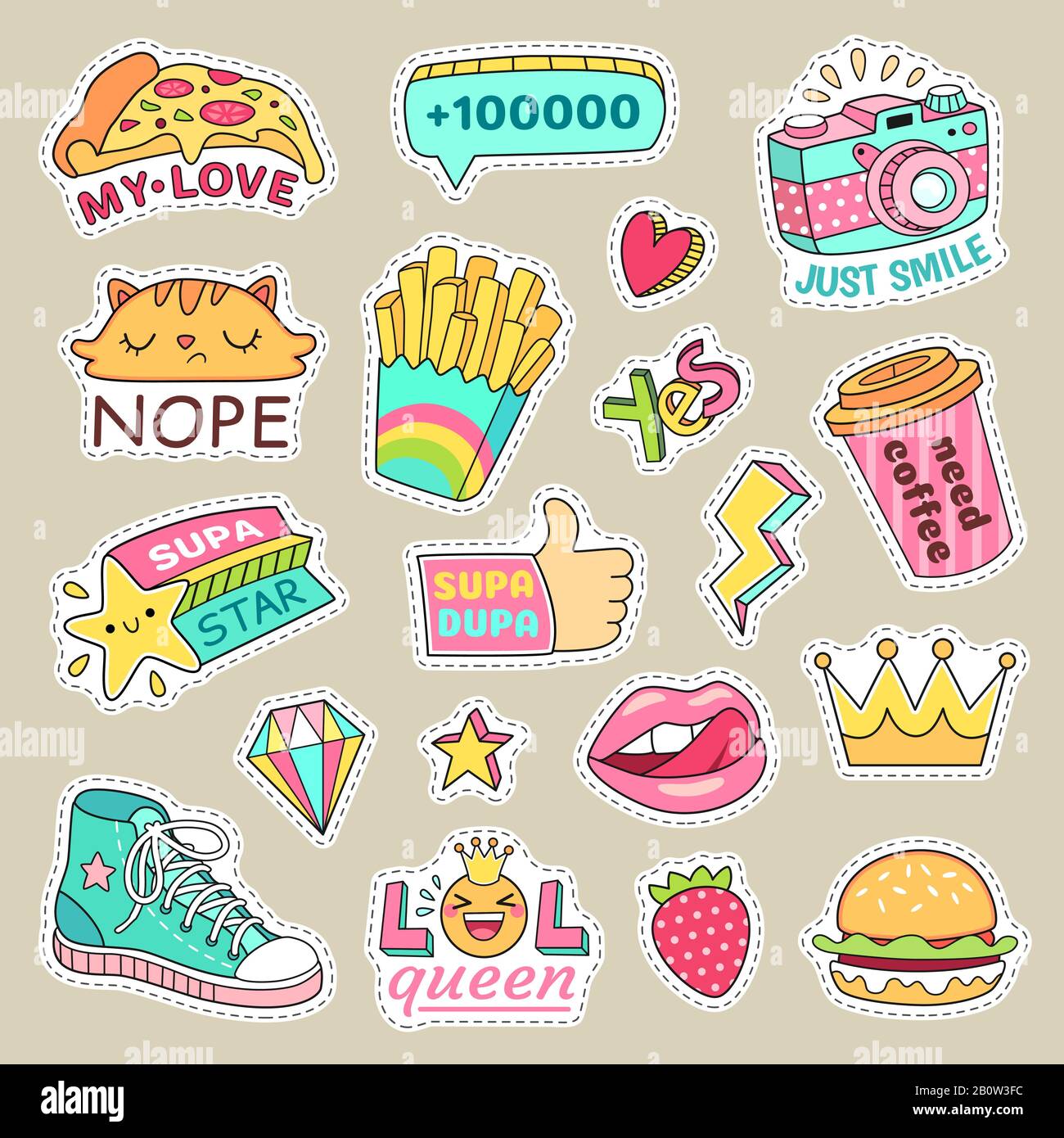 Fashioned girl badges, cute stripes and cartoon patches. Teenage badge with fashion sneakers, food and camera vector isolated stickers Stock Vector