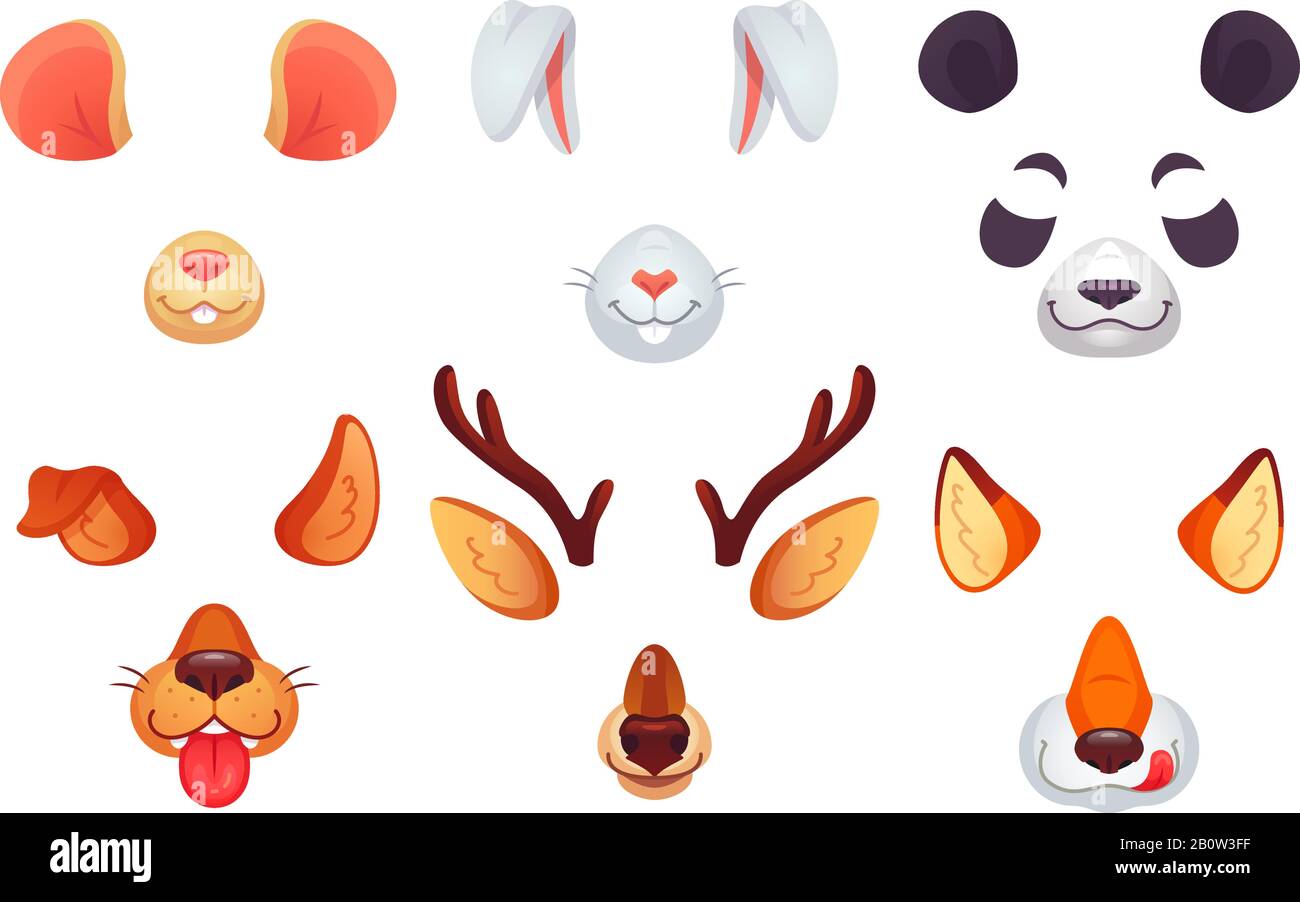 Cartoon phone masks. Funny animals ears, tongue and eyes. Brown dog bunny red fox panda bear mouse and deer mask. Animal faces vector set Stock Vector