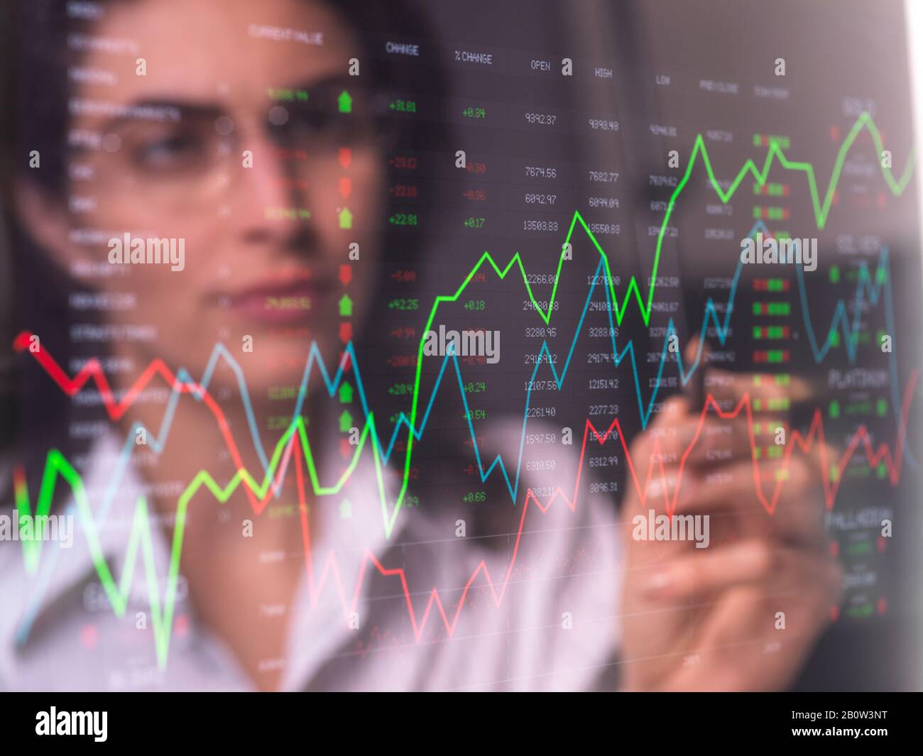Female analyst viewing financial market data on a screen Stock Photo