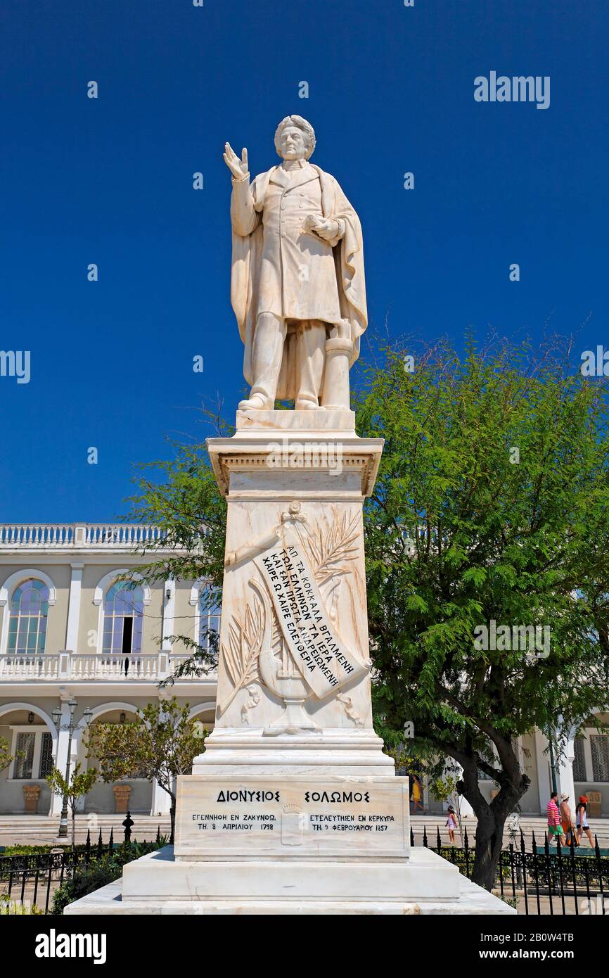 Memorial, statue in honor of Dionysios Solomos, a greek aristocrat and denser, at Platia Dionysiou Solomou, Zakynthos-town, Zakynthos island, Greece Stock Photo